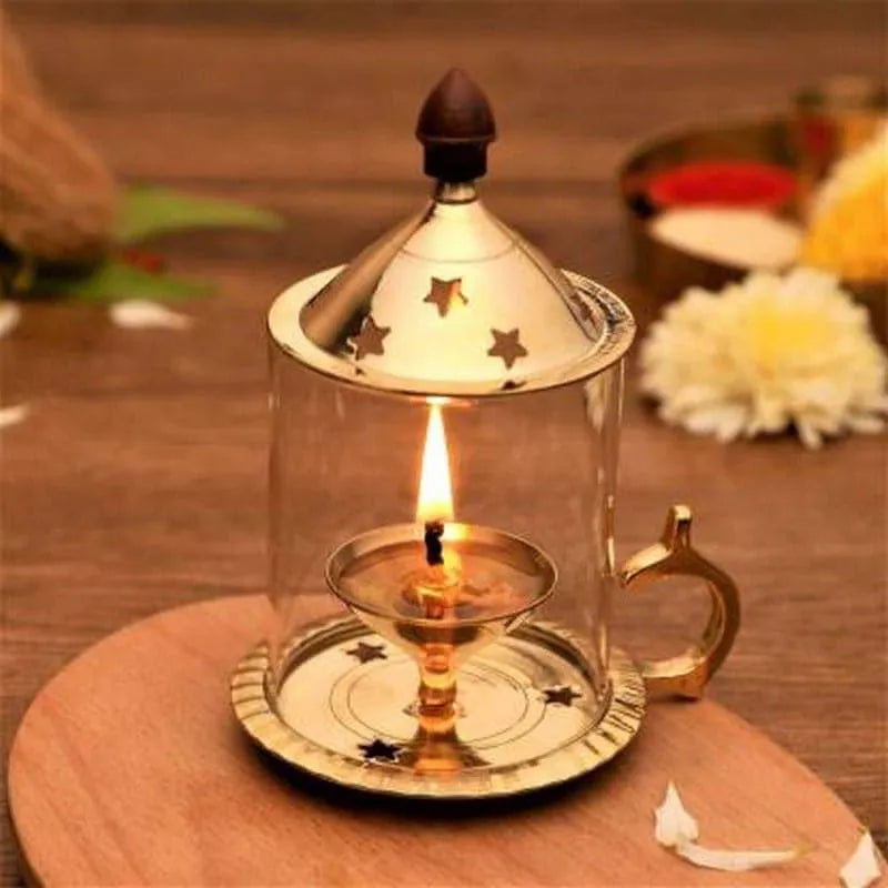 Brass Akhand Diya with Glass