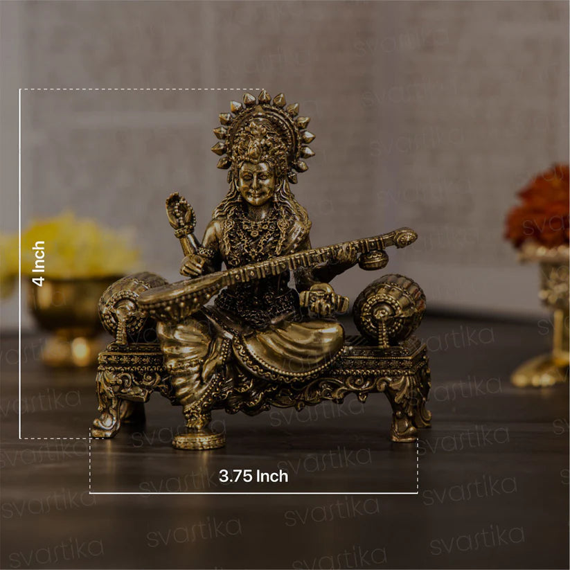 Brass Saraswati Idol Playing Veena On Singhasan