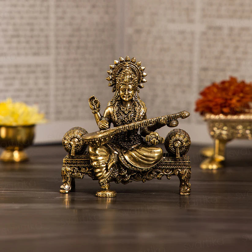 Brass Saraswati Idol Playing Veena On Singhasan